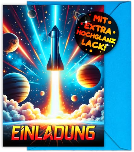 12x Rakete EINLADUNGSKARTEN KINDERGEBURTSTAG Junge Mädchen + 12x Umschläge - die Weltraum PARTY Karten sind die Astronauten EINLADUNG für Jungen Kinder GEBURTSTAG Weltall GEBURTSTAGSPARTY Planet von VULAVA