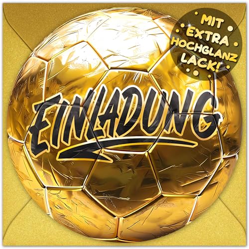VULAVA 12x Fußball EINLADUNGSKARTEN Kindergeburtstag Junge + 12x Umschläge Gold - die Soccer Party Karten sind die Fussball EINLADUNG für Jungen Mädchen Kinder Geburtstag Einladung Fussball-Spiel von VULAVA