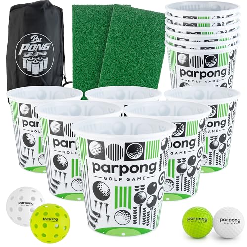 VULCANO SPORTS Par Pong Golf Pong Spiel - Outdoor Golfspiel mit 12 Eimern, 2 Schlagmatten & Golfbällen - Golf Chipping Spiel für Erwachsene, Tailgating, BBQ, Partys & Geschenke für Golfer von VULCANO SPORTS
