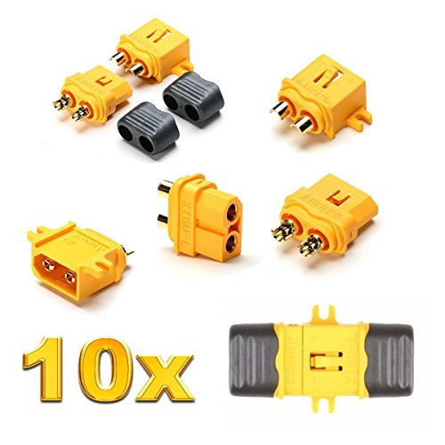 VUNIVERSUM 10 Paar 20 Stück 2Pin Premium XT60L XT60 Goldstecker Einbaustecker Buchse Male Female inkl. Schutzkappen Hochstromstecker für Lipo Akku RC 60A Gelb Modellbau von VUNIVERSUM