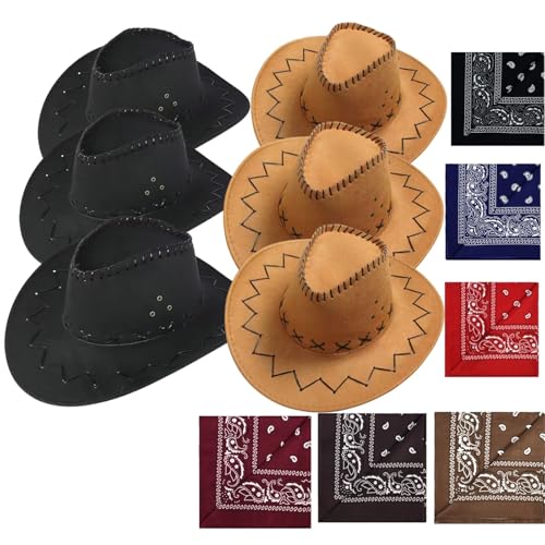 VVAULT Cowboyhut und Bandana-Set, Cowgirl-Hüte, Filz, Cowboy-Party-Hüte, Großpackung, Western-Bandanas für Kostüm, Party, Gastgeschenke, 12 Stück (Set 5) von VVAULT