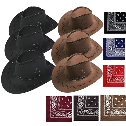 VVAULT Cowboyhut und Bandana-Set, Cowgirl-Hüte, Filz, Cowboy-Party-Hüte, Großpackung, Western-Bandanas für Kostüm, Party, Gastgeschenke, 12 Stück (Set 6) von VVAULT