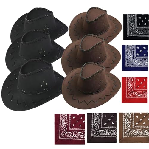 VVAULT Cowboyhut und Bandana-Set, Cowgirl-Hüte, Filz, Cowboy-Party-Hüte, Großpackung, Western-Bandanas für Kostüm, Party, Gastgeschenke (Set 8) von VVAULT