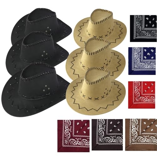 VVAULT Cowboyhut und Bandana-Set, Cowgirl-Hüte, Filz, Cowboy-Party-Hüte, Großpackung, Western-Bandanas für Kostüm, Party, Gastgeschenke (Set 9) von VVAULT