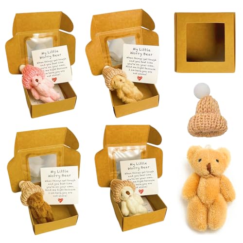4 Stück Kleiner Bär, Kleiner Bär in Box, Mini Plüschbär in Box mit Inspirierender Karte Gehäkelte Kleine Bären Umarmung Positive Geschenke für Abschluss Geburtstag Schulanfang von VVQWCY