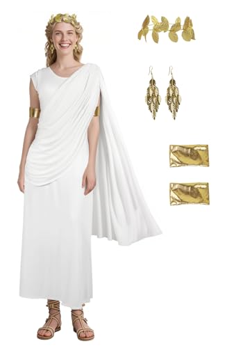 VZQI Freiheitsstatue-Kleid, Halloween, römische Damenkostüm, Erwachsenenkostüm, patriotisches Cosplay, mit Kopfschmuck, Weiss/opulenter Garten, L von VZQI