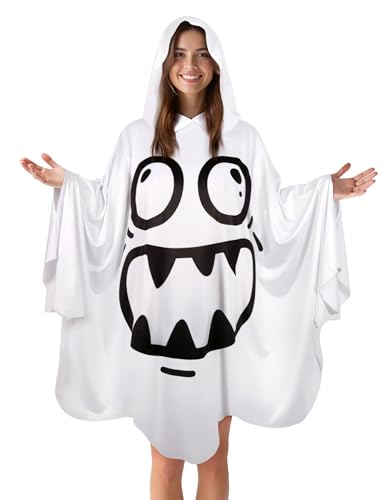 VZQI Geisterkostüm für Erwachsene, weißer Geister-Poncho mit Kapuze, einfache Halloween-Kostüme für Damen, Lächelndes Gesicht, Einheitsgröße von VZQI