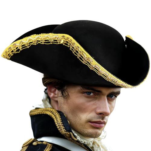 VZQI Piratenhut aus Leder, Distressed Kolonialstil, Dreihornhut für Erwachsene, Halloween, Kostüm, Zubehör, Pro Gold von VZQI