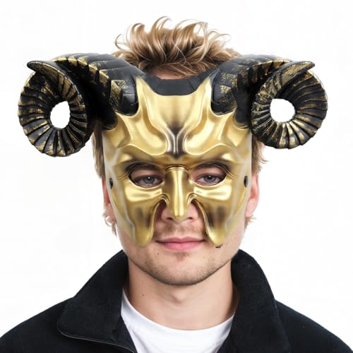 VZQI Teufelsmaske Krampus Maske Schaf Halbgesicht Halloween Maskerade Cosplay Requisiten für Erwachsene Gold von VZQI
