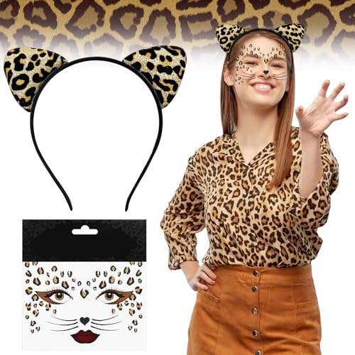 Karneval Leoparden Ohren Haarreif und Leoparden Gesichtstattoo, Leoparden Kostüm Damen Kinder für Fasching Halloween, Glitzer Leopard Face Tattoos Temporäre Leopardenmuster Katzenohren Haarreif Set Karneval Leoparden Ohren Haarreif und Leoparden Gesichtstattoo, Leoparden Kostüm Damen Kinder für Fasching Halloween, Glitzer Leopard Face Tattoos Temporäre Leopardenmuster Katzenohren Haarreif Set von VZXQX