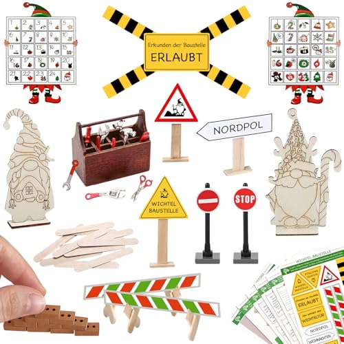 VZXQX Wichtel Baustelle Set, 42 Stück Wichtel Zubehör Baustelle Weihnachten Wichtelbaustelle, Wichteltür Baustelle, Mini Holz Werkzeugkiste mit Miniatur Werkzeug für Puppenhaus Zubehör Weihnachten von VZXQX