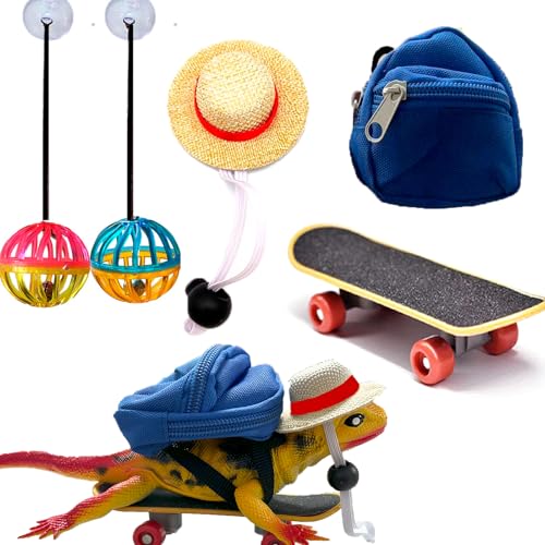 5 Pack Bartdrache Zubehör Spielzeug Set Rucksack Hut Mini Skateboard für Schildkröte Schildkröte Schildkröte Hamster Papagei Reptilien Kleintiere Haustiere Eidechse Ball Bell Spielzeug Rasse Ball von VZqola