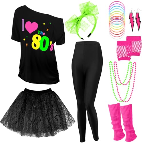 Vabean 19-teiliges 80er-Jahre-Kostüm-Set, T-Shirt, Leggings, Tutu, Rock, Stirnband, Halskette, Armbänder, Ohrringe, Handschuhe, Beinstulpen für Damen, Schwarzes Tutu, X-Large Vabean 19-teiliges 80er-Jahre-Kostüm-Set, T-Shirt, Leggings, Tutu, Rock, Stirnband, Halskette, Armbänder, Ohrringe, Handschuhe, Beinstulpen für Damen, Schwarzes Tutu, X-Large von Vabean