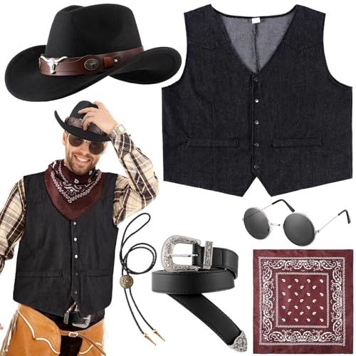 Vabean Cowboy-Kostüm für Herren, Western-Outfit, Cowboy-Weste, Hut, Halskette, Gürtelschnalle, Bandana, Brille für Halloween, Cosplay (Schwarz, XXL), 6 Stück von Vabean