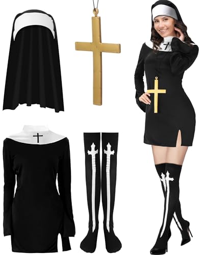 Vabean Halloween Nonne Kostüm Zubehör Nonne Kleid Hut Strümpfe Gold Kreuz Anhänger Halskette für Frauen Halloween Cosplay (XX-Large) von Vabean