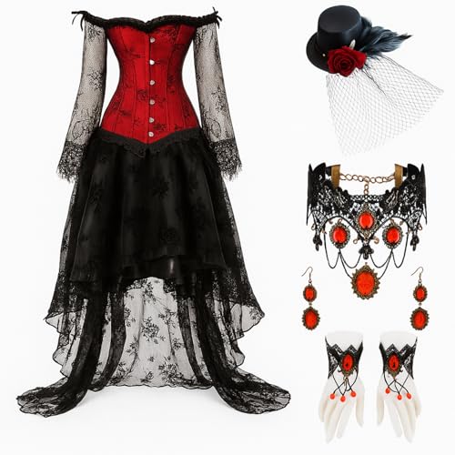 Vabean Steampunk-Korsett-Rock-Set, Renaissance-Kleid-Set, Gothic-Bustier, viktorianische Strümpfe, Ohrringe, Armband, Spitzen-Choker (Eleganz, M) von Vabean