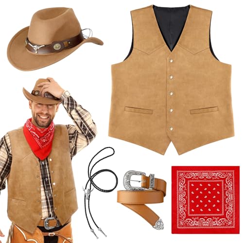 Vabean Western-Outfit für Herren, Cowboy-Anzug, Weste, Hut, Halskette, Gürtelschnalle, Paisleymuster, Bandana, Brille für Halloween, Cosplay (Braun, XL) von Vabean