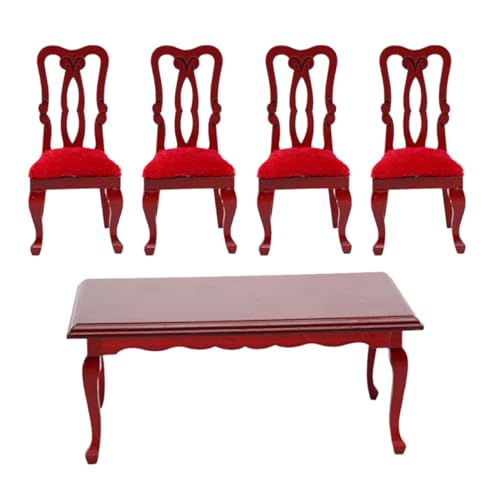 Vaguelly 1 Set Vintage Esszimmerstuhl Set Miniatur Tisch Stühle Häuser Puppenhaus Tisch Miniatur Puppenhaus Küchenzubehör Puppenhaus Esstisch Puppenhaus Tapete Holz Rot von Vaguelly
