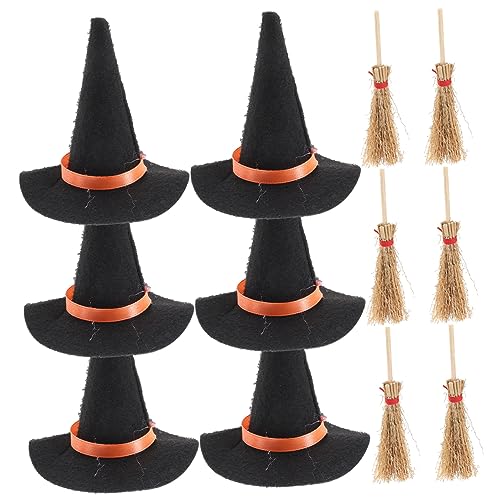 Vaguelly 12 Stück kleine Hexenhüte Hut- Hexenhut Miniatur winziges Hexenhut-Ornament Miniatur-Hexenhutbesen böse Miniaturhüte Puppenhauslieferungen DIY -Zubehör Holz von Vaguelly