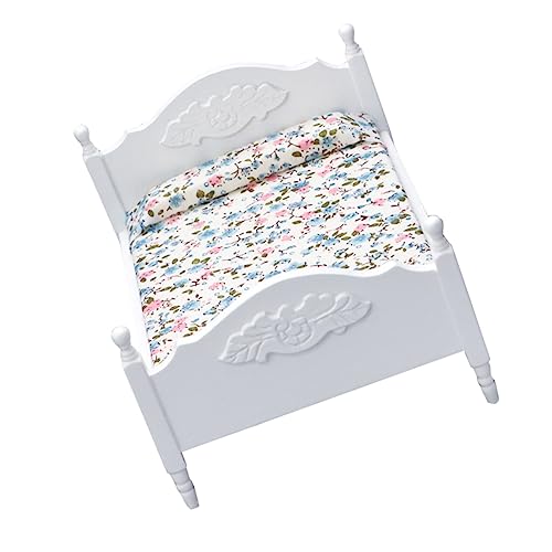 Vaguelly 1stk Mini-doppelbett Miniaturen Häuser Klein Modell Puppenbett Bausatz Möbelverzierung Mini-Bett-möbel Miniaturmöbel Stoff Weiß von Vaguelly