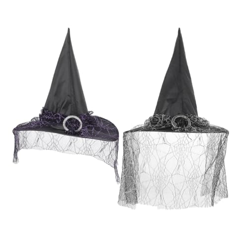 Vaguelly 2 Stück Halloween Hexenhut Teilig mit Tüll für Damen und Schwarze und Violette Cosplay Kopfbedeckung Wiederverwendbares Kostümzubehör für Hexen und Zaubereroutfits von Vaguelly