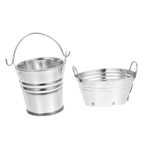Vaguelly 2 Stück Teiliges Set Miniatur Metall Eimer mit Griffen Puppenhaus Zubehör Ovaler und Runder Eimer für DIY Mikro Landschaften für Kreative Projekte von Vaguelly