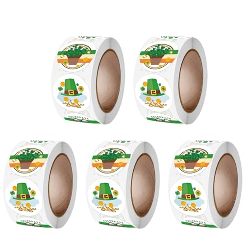 Vaguelly 5 Rollen Kleeblattaufkleber Mit Vier Blättern Urlaub Dekorative Etiketten Kleeblatt-Aufkleber Aufkleber Für Geschenkverpackungen St. Patricks Day Aufkleber Papier von Vaguelly