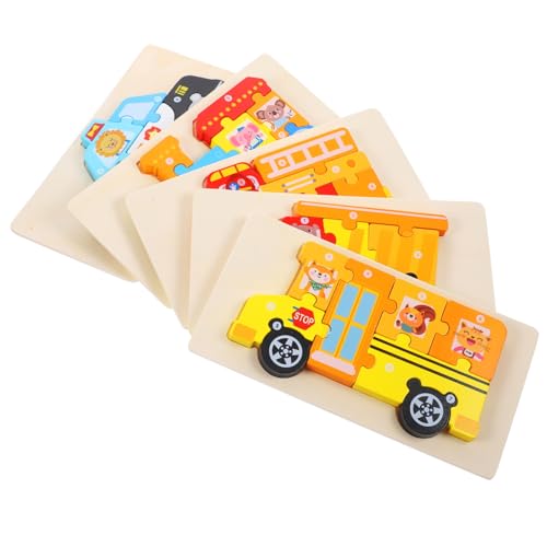 5 Sätze Holz Kognitives 3D Dreidimensionales Puzzle Kinderpuzzle Früherziehung Holz Baby Kindergarten Babyspielzeug (Feuerwehrauto + Muldenkipper + Bus + Zug + Polizeiauto) Hölzern von Vaguelly