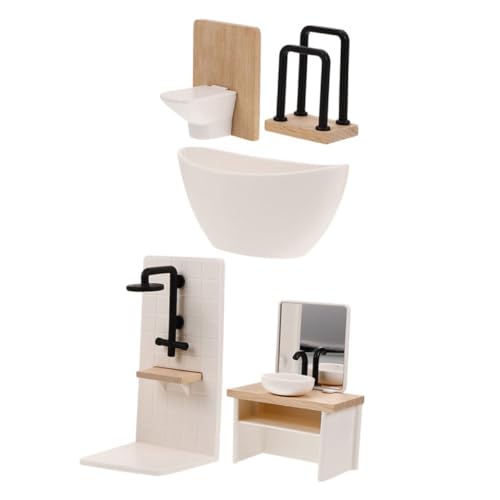 Vaguelly 5 Stück Puppenhaus Möbel Kompaktes Badezimmer Zubehör mit Badewanne Toilette Waschbecken Dusche Handtuchhalter für Realistisches Spiel und Dekoration von Vaguelly