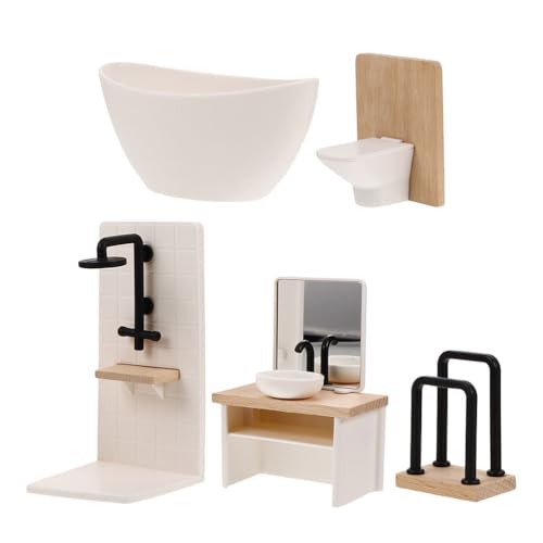 Vaguelly 5-teiliges Puppenhaus-Badezimmer-Spielset: Puppenhaus-Miniatur-Badezimmermöbel im Maßstab 1:12, Badewanne, Toilette, Waschbecken, Duschraum, Handtuchhalter, Rollenspiel-Zubehör von Vaguelly