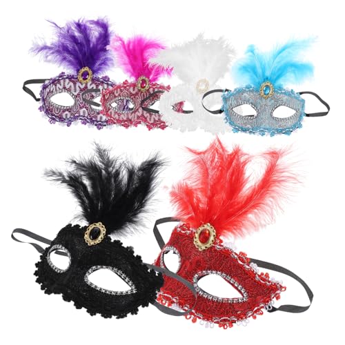 Vaguelly 6 Stück Teiliges Halbes Gesicht Party Masken für Frauen Bunte Masquerade Masken mit Federn Karneval Halloween Cosplay Zubehör in Blau Rot Rosa von Vaguelly