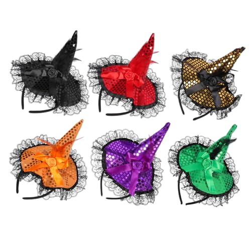 Vaguelly 6 Stück Teiliges Halloween Hexenhut Haarreif mit Spitzen und Pailletten Leichtes Party Haarband in Rot Grün Dunkelgold Orange Schwarz Wiederverwendbar für Damen Cosplay und von Vaguelly