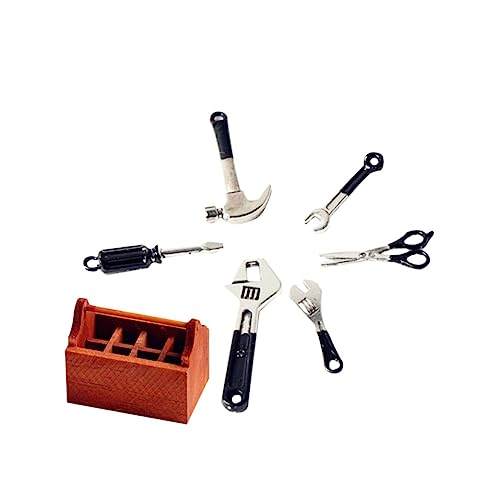 Vaguelly 7 Stück Teiliges Mini Werkzeugkasten Set aus Langlebiger Legierung mit Mini Hammer und Schraubenschlüssel Holz Box zur Aufbewahrung Leicht und Detailreich für Puppenhaus und von Vaguelly