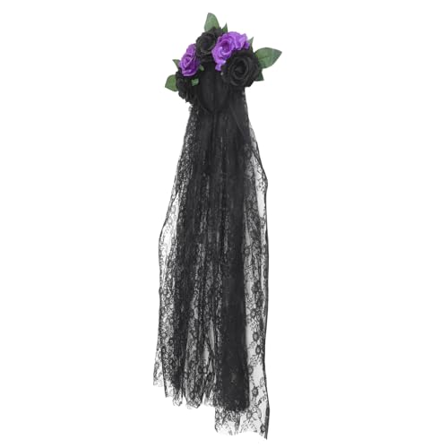 Vaguelly Day Of The Dead Haarband mit Schleier und Rosen Leichtes Halloween Cosplay Accessoire Wiederverwendbarer Haarschmuck für Party und Kostüm Schwarz von Vaguelly