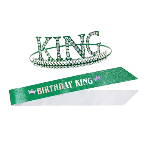Vaguelly Geburtstagskrone und Schärpe für Herren Glitzerndes King Stirnband mit Grünem Ab Robuster Party Kopfschmuck Vielseitiges Herrenaccessoire für Geburtstagsfeier von Vaguelly