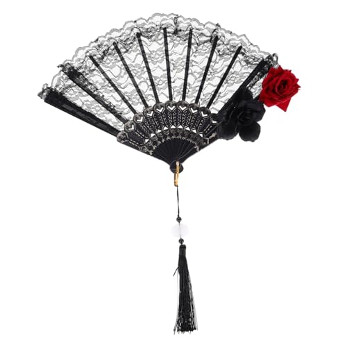 Vaguelly Gothic Lolita Spitzen Faltfächer Schwarz mit Rosenquaste Handlicher Victorian Handfächer für Halloween Cosplay Hochzeit Tanz und Viktorianische Themenveranstaltungen Vaguelly Gothic Lolita Spitzen Faltfächer Schwarz mit Rosenquaste Handlicher Victorian Handfächer für Halloween Cosplay Hochzeit Tanz und Viktorianische Themenveranstaltungen von Vaguelly