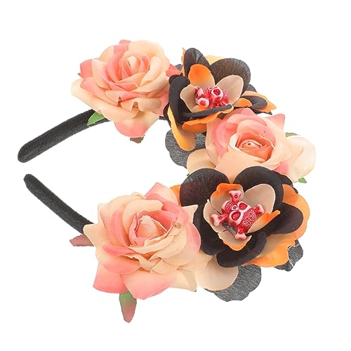 Vaguelly Halloween Haarreif für Erwachsene mit Oranger Rosenblume und Schädel Weiches Material Bequemes Stirnband für Karneval Cosplay Themenparty und Halloween Kostüm von Vaguelly