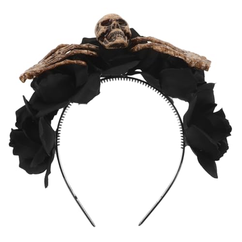 Vaguelly Halloween Haarreifen mit Schwarzen Skelettkopf und Künstlichen Blumen Auffälliges Party Accessoire für Kostüm und Performance Wiederverwendbarer Haarschmuck für Halloween Feiern von Vaguelly