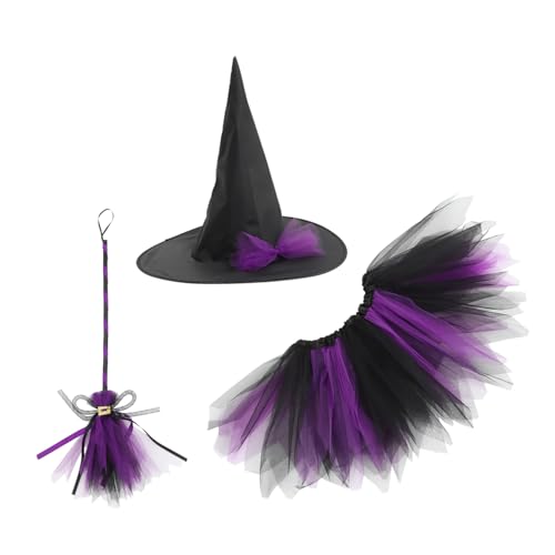 Vaguelly Halloween Hexen Kostüm Mädchen Teiliges Set mit Schwarzem und Tüllrock Hexenhut und Besen Bequemes Langlebiges Material für Halloween Party und Karnevalsspiele von Vaguelly