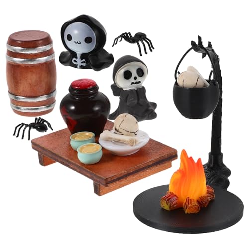Vaguelly Halloween Miniatur Figurenset mit Hängendem Skelettschädel Detailreiche Kleine Spukgestalten Dekorationen für Puppenhaus Garten und Party Realistische Grusel-atmosphäre von Vaguelly