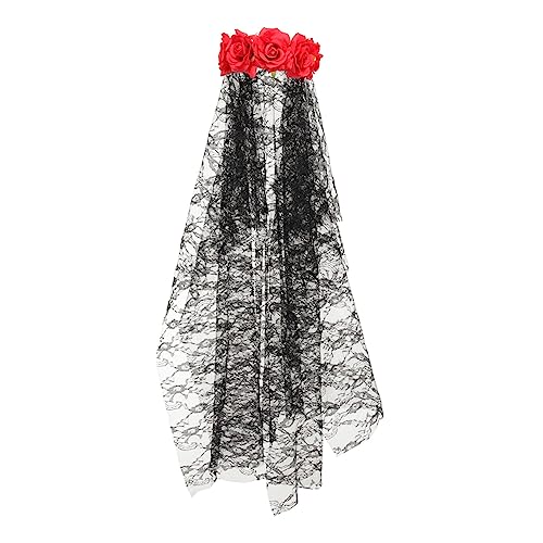 Vaguelly Halloween Rosen Stirnband mit Schwarzem Doppel Lagen Spitzen Schleier Eleganter Party Kopfschmuck für Frauen und Mädchen Mysteriöses Gothic Accessoire für Halloween Kostüm und von Vaguelly