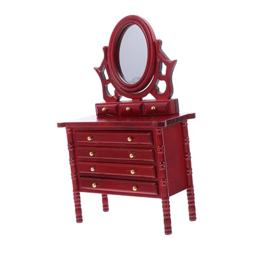 Vaguelly Holz Kommode mit Spiegel und Vintage Puppenmöbel für Schlafzimmer und Wohnzimmer Rote Holzoptik Zubehör für Puppenhaus Dekoration von Vaguelly