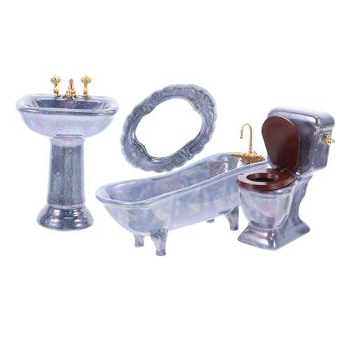 Vaguelly Miniatur Badezimmer Set für Puppenhaus Porzellan Zubehör in Blau mit Badewanne Waschbecken Toilette und Spiegel Stabile Verarbeitung Platzsparendes Design für Puppenhaus Dekoration von Vaguelly