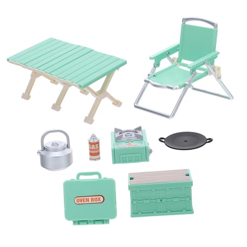 Vaguelly Miniatur Camping Grill Zubehör Outdoor Spielhaus Miniatur Gasherd Klappstuhl Picknicktisch BBQ Zubehör Realistische DIY Puppenhaus Dekoration von Vaguelly