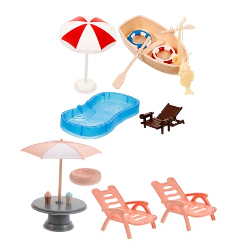 Vaguelly Miniatur Dollhouse Pool Szene mit Strandstuhl Sonnenschirm Schwimmring und Boot Langlebige Kunststoff Modelle für DIY Strandthemen Dekoration und Kreatives Rollenspiel von Vaguelly