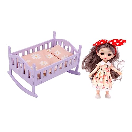Vaguelly Miniatur Holz Puppenbett Set mit Puppe Kissen und Decke Stabile Bett Dekoration Puppenhaus Zubehör Leicht und Platzsparend Geeignet für Rollenspiel und Zimmergestaltung von Vaguelly
