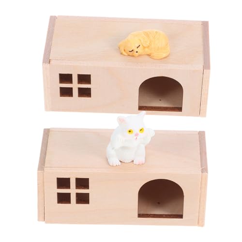 Vaguelly Miniatur Puppenhaus Haustier Set aus Holz mit Hundehütte und Katze Realistische Resin Tierfiguren Robustes Zubehör für Kreatives Rollenspiel und Puppenhaus Dekoration von Vaguelly