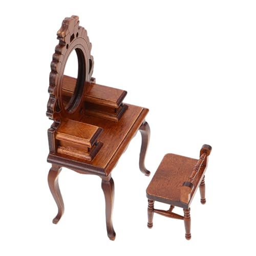 Vaguelly Miniatur Schminktisch aus Holz mit Spiegel und Hocker Vintage Puppenhaus Möbel für Kreative Rollenspiele und Schlafzimmerdekoration von Vaguelly