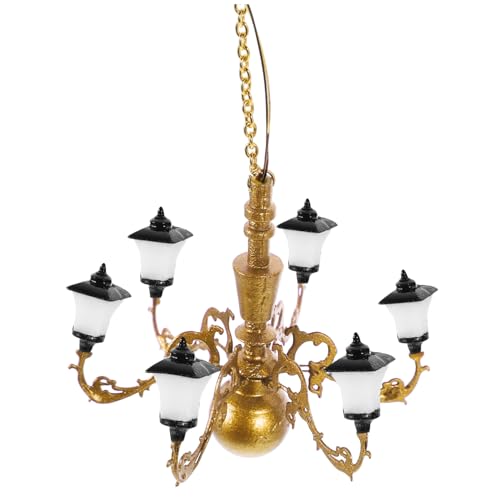 Vaguelly Miniatur Kronleuchter Lampe FüR Puppenhaus DIY Landschaftsdekoration WarmweißEs Licht Metall Und Abs FüR Wohnzimmer Und Sandtisch 1/87 Modell, Golden, 6.5x6.5x4.5cm von Vaguelly