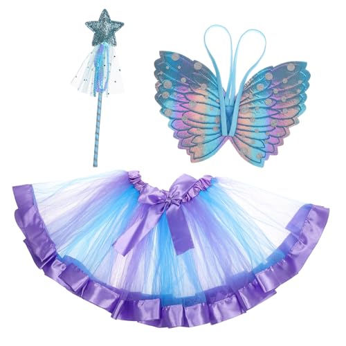 Vaguelly Schmetterlingskostüm Set für Mädchen Tüllrock mit Flügeln und Feenstab Verkleidungsset für Partys Halloween und Kreative Spielstunden mit Elastischen Trägern für Perfekten Sitz von Vaguelly